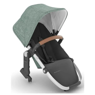 Uppababy RumbleSeat V2+ in Emmett color, featuring a large canopy, brown handle, and comfortable seating for a second child.