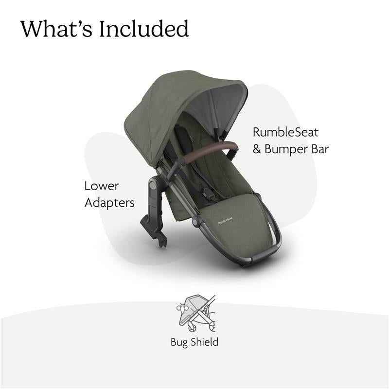 Uppababy Rumbleseat V3 in Meadow Green with a graphite frame and chestnut leather bumper bar, including lower adapters and bug shield.