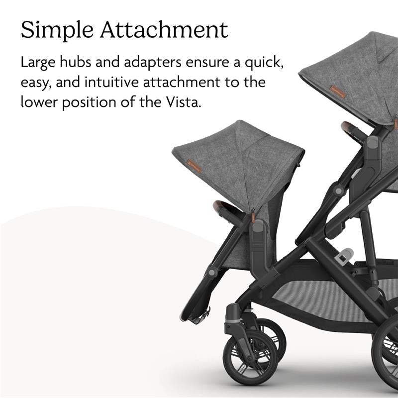 Uppababy Rumbleseat V3 in Meadow Green with Graphite Frame and Chestnut Leather; designed for easy attachment to the Vista stroller.