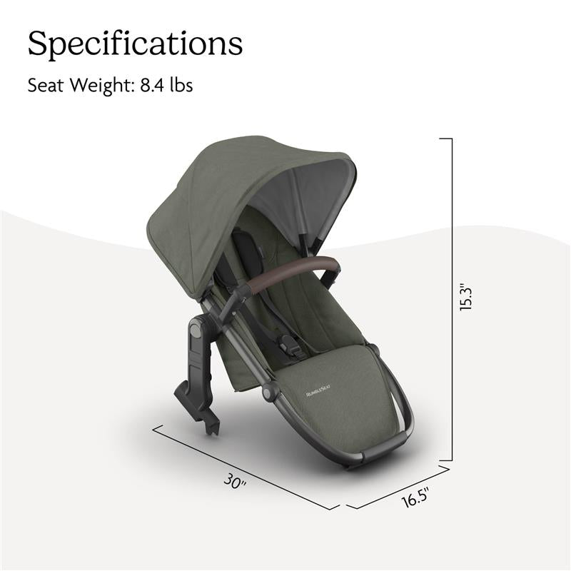 Uppababy Rumbleseat V3 in Meadow Green with a graphite frame and chestnut leather handle, displaying dimensions and seat weight.