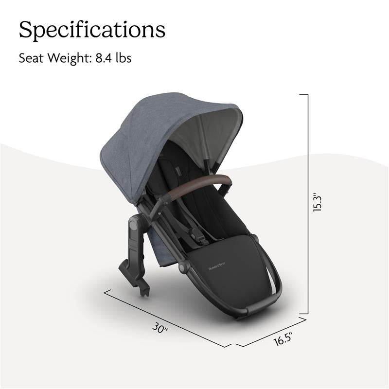Uppababy Rumbleseat V3 in Dusty Blue Mélange, featuring a carbon frame and chestnut leather handle, with dimensions and specifications displayed.