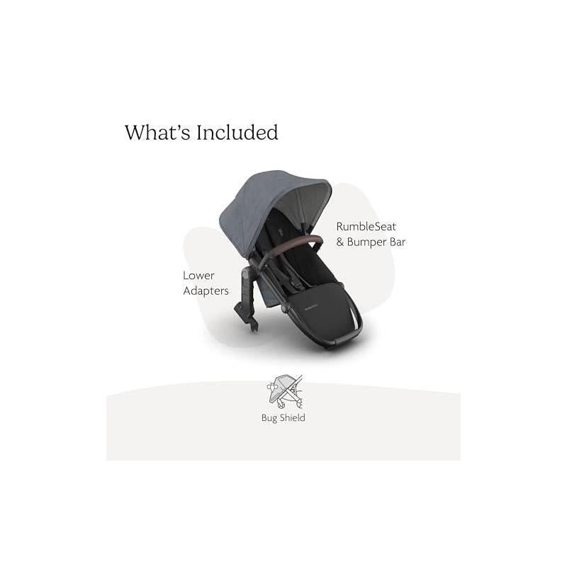 Uppababy Rumbleseat V3 in Dusty Blue Mélange with Carbon Frame and Chestnut Leather features RumbleSeat, Lower Adapters, and Bug Shield.