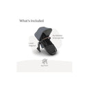 Uppababy Rumbleseat V3 in Dusty Blue Mélange with Carbon Frame and Chestnut Leather features RumbleSeat, Lower Adapters, and Bug Shield.