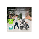 RumbleSeat V3 stroller in Dusty Blue Mélange with a parent pushing it and a toddler seated, highlighted by safety certifications.