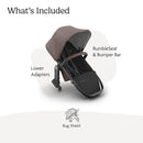 Uppababy Rumbleseat V3 in Owen color, includes lower adapters, bumper bar, and bug shield, displayed with included components.