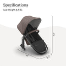 Uppababy Rumbleseat V3 in Owen color, featuring a mocha mélange canopy and chestnut leather handle with dimensions displayed.