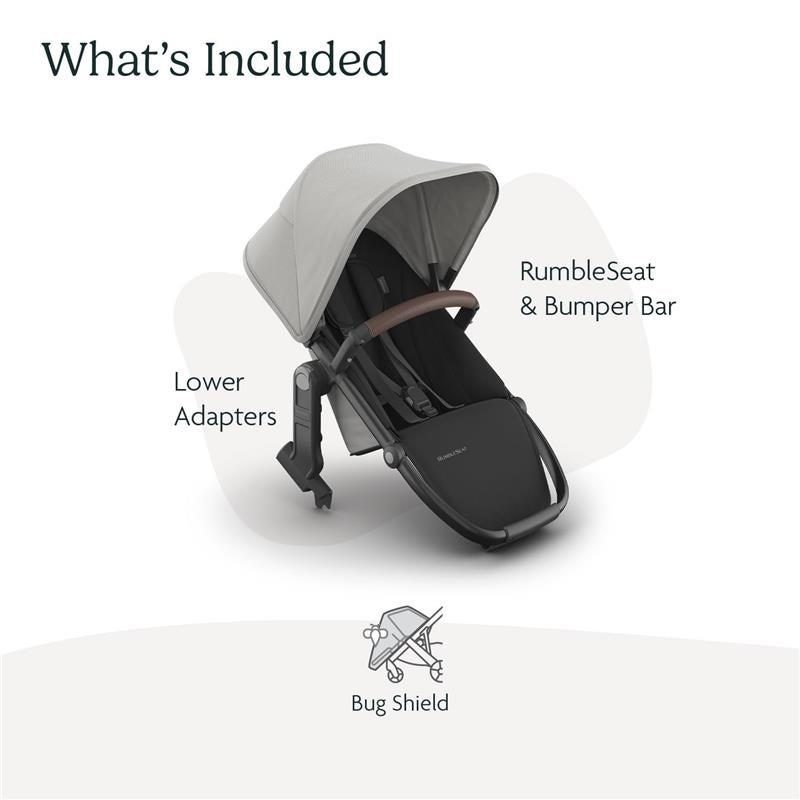 Uppababy RumbleSeat V3 in Pearl Gray Jacquard with Carbon Frame and Chestnut Leather, showing included components.