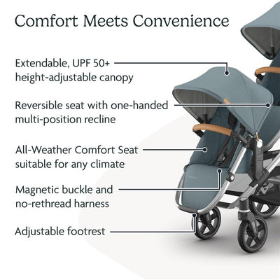 Uppababy Rumbleseat V3 in Callum color, featuring a stone blue seat, silver frame, and sand leather accents, with key features listed.