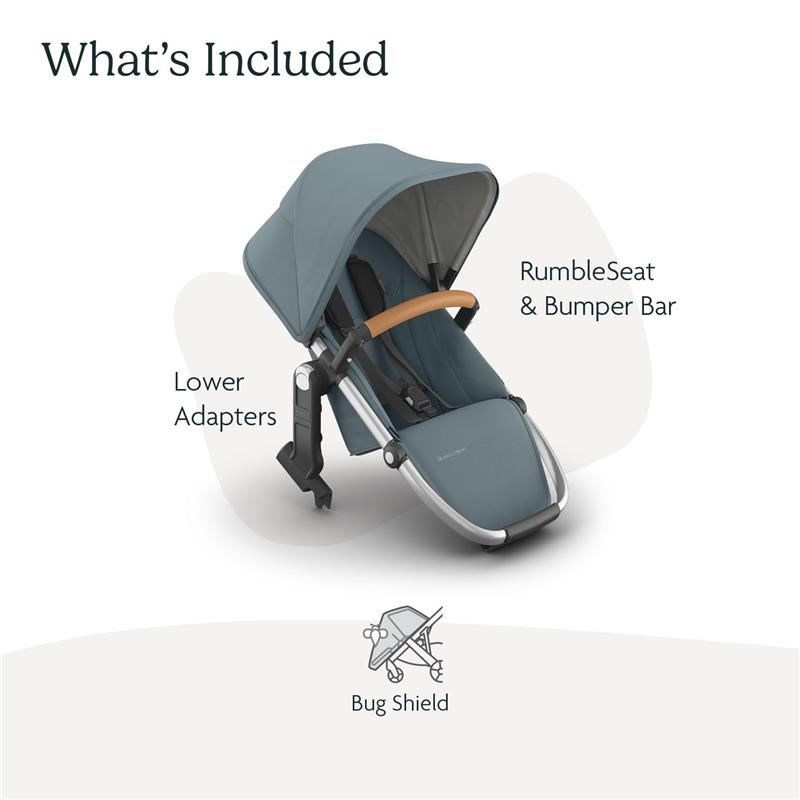 Uppababy Rumbleseat V3 in Callum color, featuring a sand leather bumper bar and lower adapters, with a bug shield illustrated.
