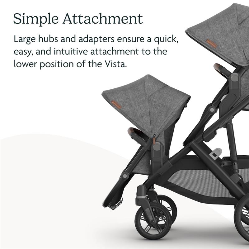 Second lower seat for Uppababy Vista, featuring a gray fabric canopy and carbon frame, emphasizing easy attachment.