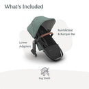 Second lower seat for Uppababy stroller in green fabric with carbon frame and saddle leather handle, labeled with included items.