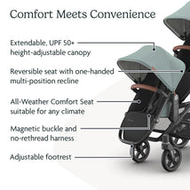 Uppababy Rumbleseat V3 in Mystic Aqua with carbon frame and saddle leather details, featuring various convenience options.