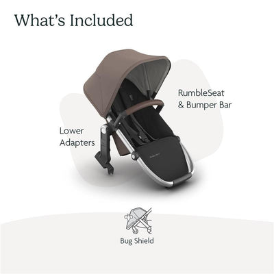 Uppababy Rumbleseat V3 in Dark Taupe with silver frame and chestnut leather, showing accessories: lower adapters and bug shield.