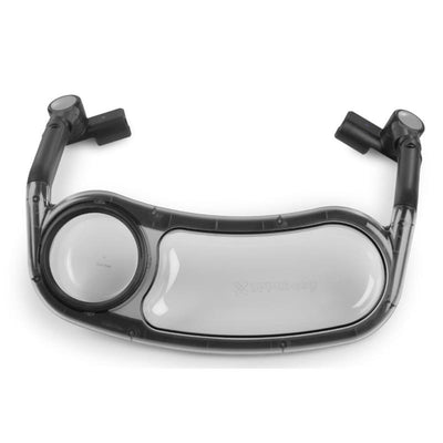 Snack tray for Uppababy Minu V3 stroller, featuring a cup holder and a smooth surface for snacks.