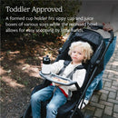 Snack tray for Uppababy Minu V3 stroller with a cup holder, featuring a child holding a drink, surrounded by snacks.