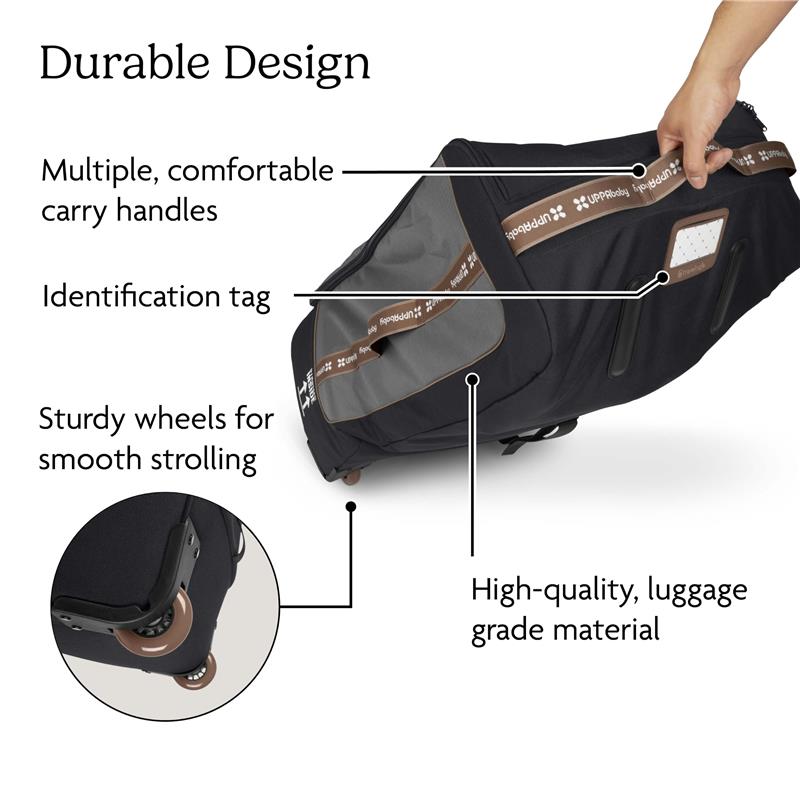 UPPAbaby Travel Bag for Vista and Cruz Strollers featuring sturdy wheels, multiple carry handles, and identification tag.
