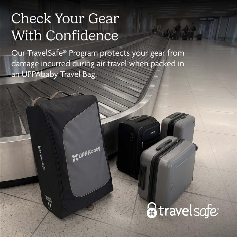 UPPAbaby Travel Bag for Vista and Cruz Strollers at an airport baggage claim, emphasizing TravelSafe protection for air travel.
