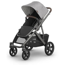 UPPAbaby Vista V3 Single-to-Double Stroller in Beau, featuring a grey chenille canopy, graphite frame, and chestnut leather accents.