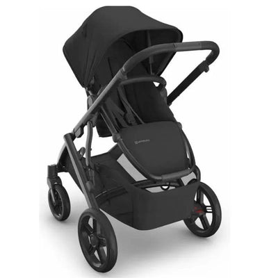 Uppababy Vista V3 stroller in black with a spacious seat, adjustable canopy, and large storage basket.