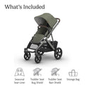 Uppababy Vista V3 Stroller in Meadow Green with graphite frame and chestnut leather, featuring listed accessories below.