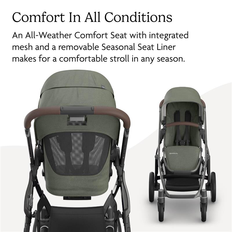 Uppababy Vista V3 Stroller in Meadow Green with Graphite Frame and Chestnut Leather, featuring an all-weather comfort seat.