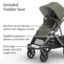 Uppababy Vista V3 stroller in Meadow Green with graphite frame and chestnut leather, featuring a toddler seat and key product details.