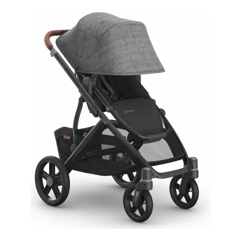 Uppababy Vista V3 Stroller in Greyson color features a charcoal mélange canopy, carbon frame, and saddle leather handle.