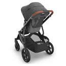Uppababy Vista V3 stroller in Greyson, featuring a charcoal mélange fabric, carbon frame, and saddle leather handle.