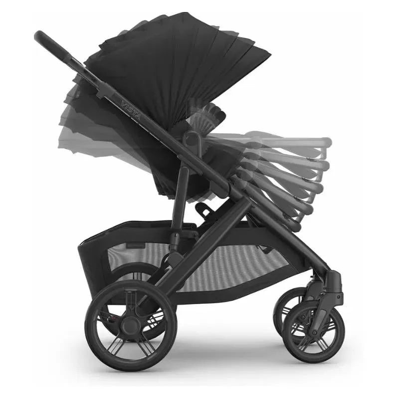 Uppababy Vista V3 stroller in charcoal with a carbon frame and black leather; adjustable canopy shown in multiple positions.