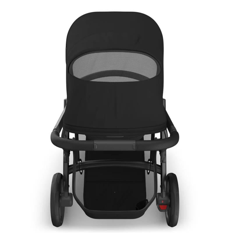 Uppababy Vista V3 stroller in black with a carbon frame and black leather accents, front view with a mesh canopy.