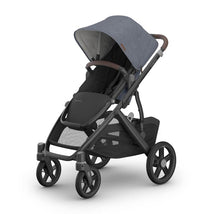 Uppababy Vista V3 stroller in Dusty Blue Mélange with a carbon frame and chestnut leather accents.