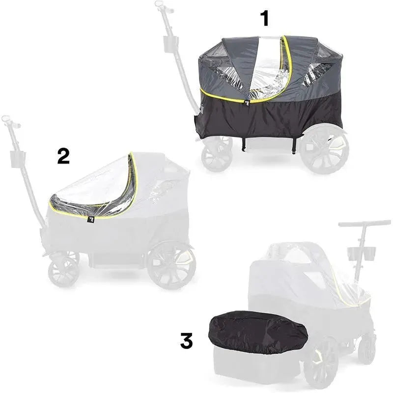 Veer All Weather Cover for Veer All-Terrain Cruiser and Cruiser City 2 Seater models, showcasing three installation steps.
