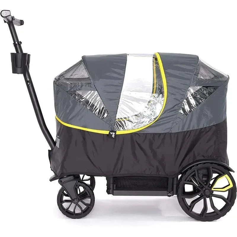 Veer All Weather Cover for All-Terrain Cruiser and Cruiser City, featuring a grey and black design with clear panels and yellow trim.