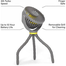 Portable baby stroller fan with flexible legs, 4 turbo speeds, up to 12-hour battery life, and removable grill for cleaning.