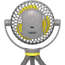 Portable Veer Flex Fan with a yellow blade and gray housing, designed for use with strollers, featuring a power button and USB-C port.