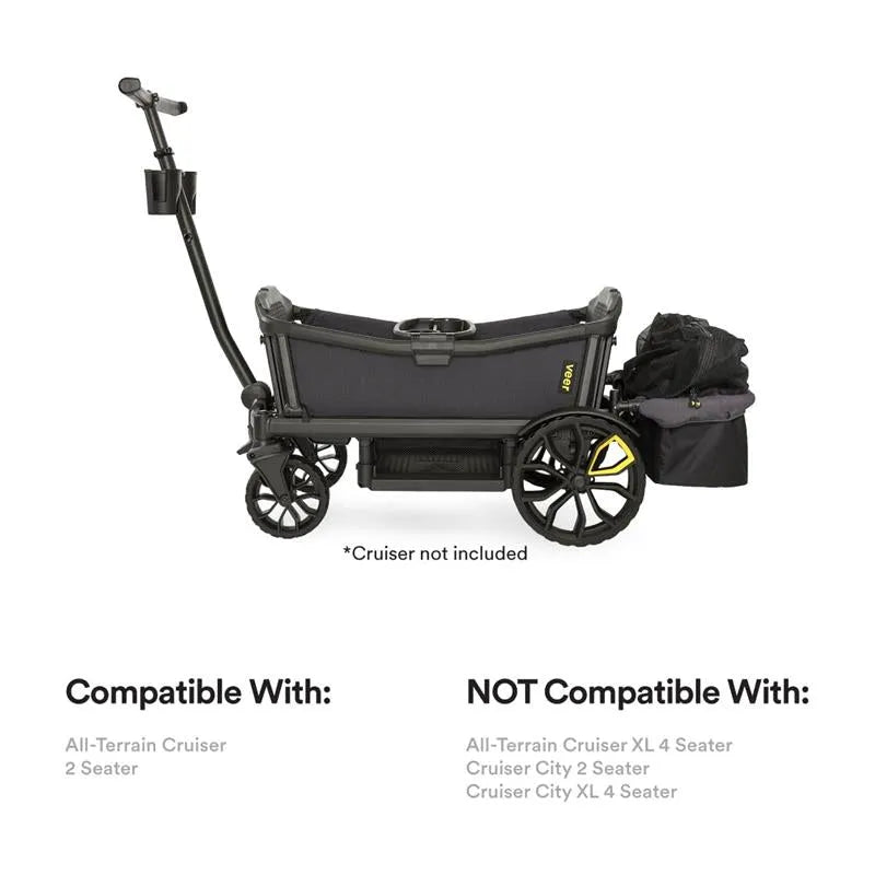 Rear foldable storage basket for Veer All-Terrain Cruiser 2 Seater, shown in black with compatibility details below.