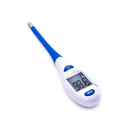 Digital thermometer with a blue and white design displaying a temperature reading of 98.6°F.
