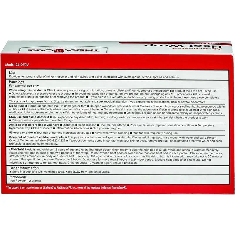 Veridian Theracare Heat Wraps, 2-pack, designed for back and hip pain relief, with care instructions and warnings visible.