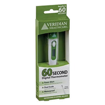 Veridian 60-Second Digital Thermometer in packaging, featuring a fever alert, dual scale, and waterproof design.