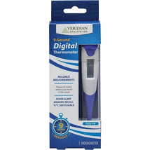 Veridian Digital Thermometer in packaging, featuring a flex tip and 9-second readout, with details on reliable measurements and fever alert.