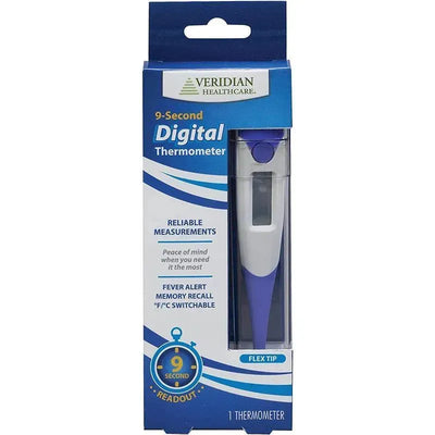 Veridian Digital Thermometer in packaging, featuring a flex tip and 9-second readout, with details on reliable measurements and fever alert.
