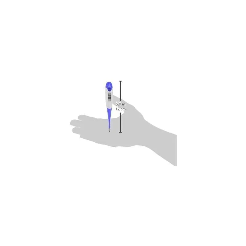 Digital thermometer held in a hand, measuring 5.0 inches (12 cm) with a blue and white design.