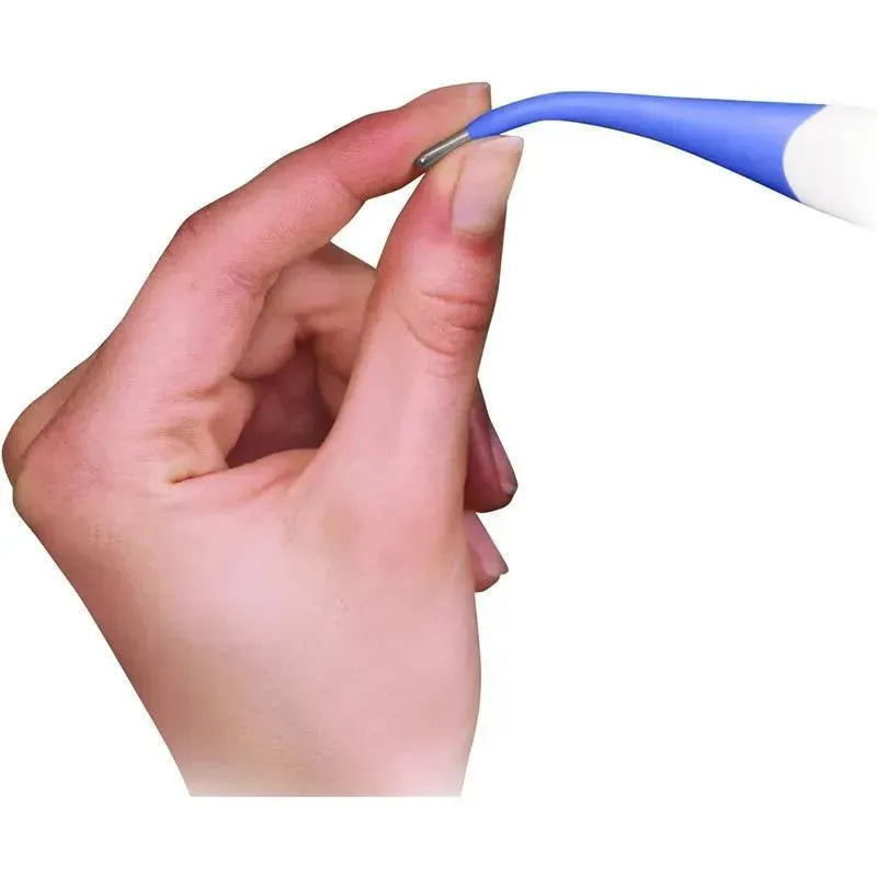 A hand holding a digital thermometer with a blue and white design, displaying the tip for measurement.