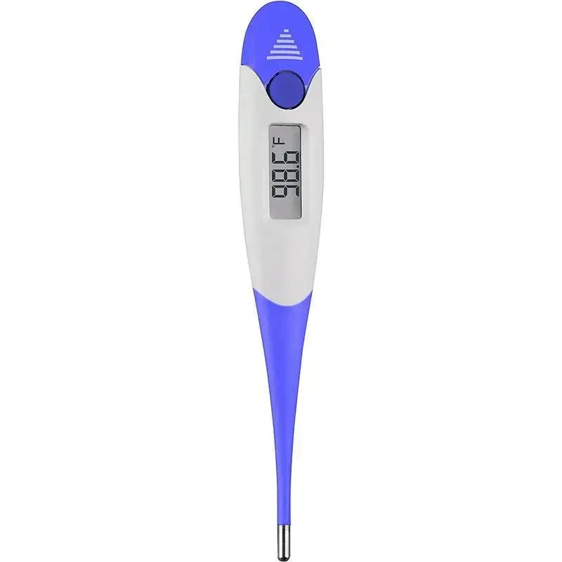 Digital thermometer with a blue and white design showing a reading of 98.6°F on its display.