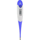 Digital thermometer with a blue and white design showing a reading of 98.6°F on its display.