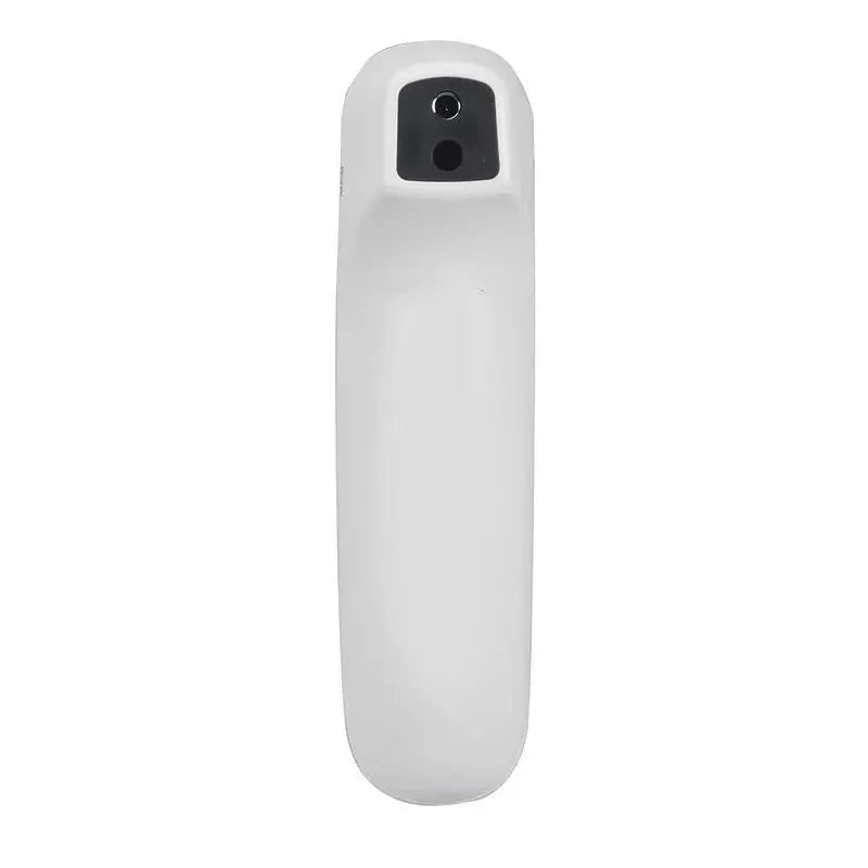 Non-contact infrared thermometer with a simple white design, featuring a black sensor area and measurement function.