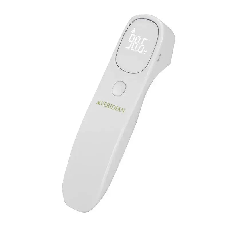 Non-contact infrared thermometer from Veridian Healthcare displaying a temperature reading of 98.6°F.