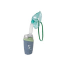 Ultrasonic portable nebulizer with a clear mask, green accents, and control buttons for portable healthcare use.