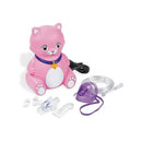 Pink cat-shaped nebulizer device with accessories including a mouthpiece, clear tubing, and inhalation mask.