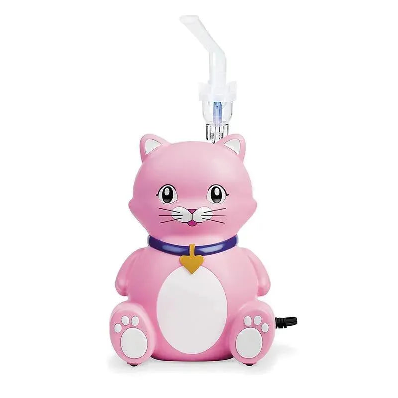 Veridian Kitty Compressor Nebulizer, a pink cat-shaped nebulizer with a clear mouthpiece for respiratory treatments.